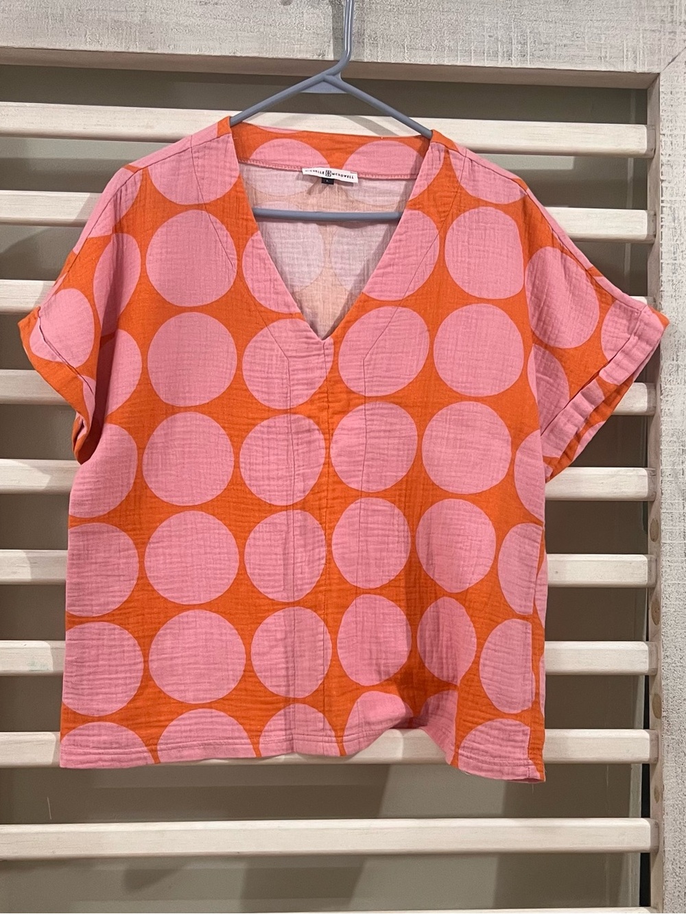 Boxy V-Neck Short Sleeve Tunic in Pink Dot on Orange